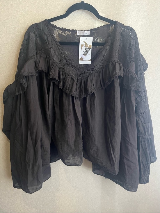 Italian Tops - Boho Lace Ruffle Women's Top - Chocolate Brown